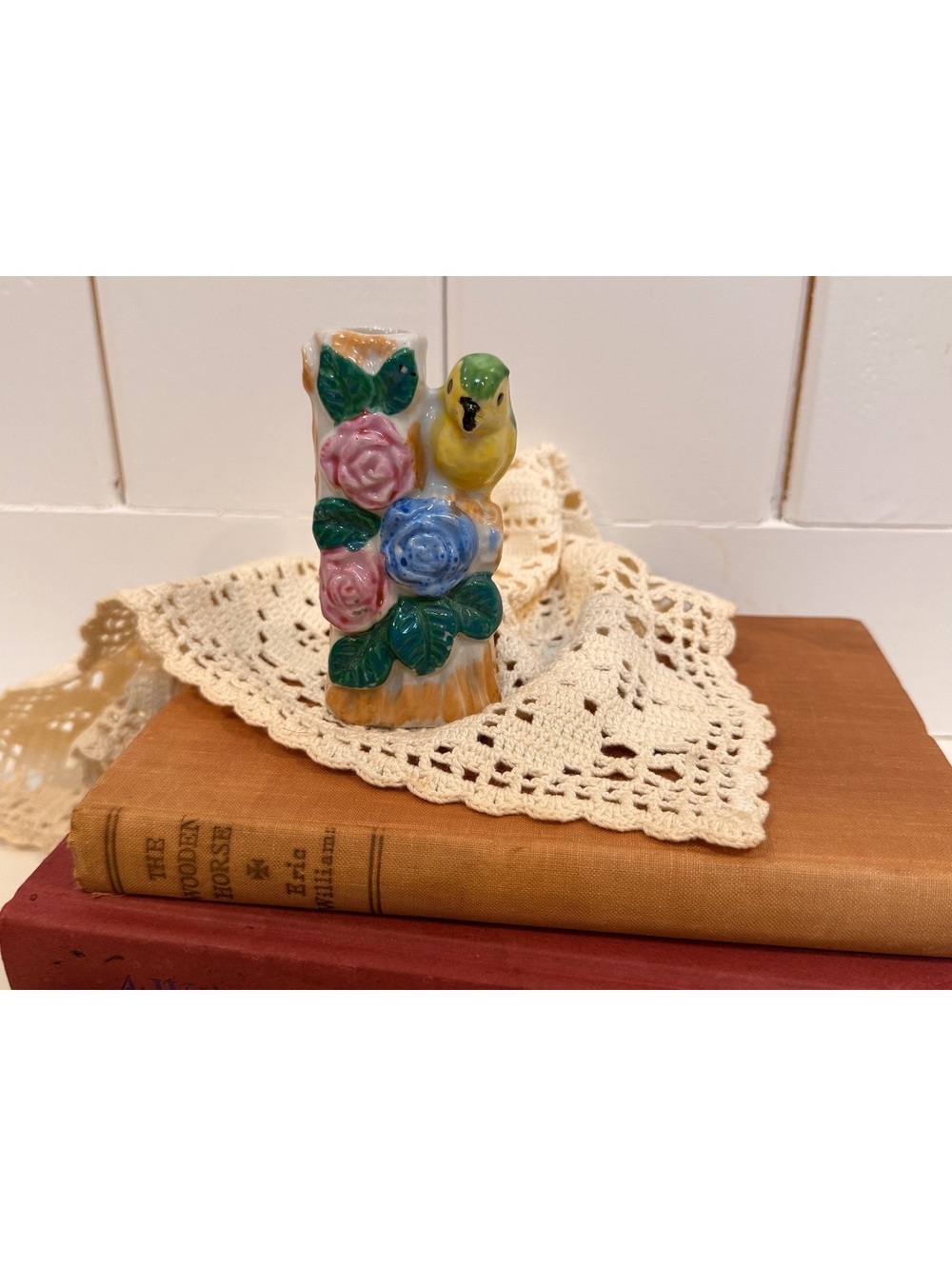 Vintage Ceramic Japan bud vase with Parrot and flowers